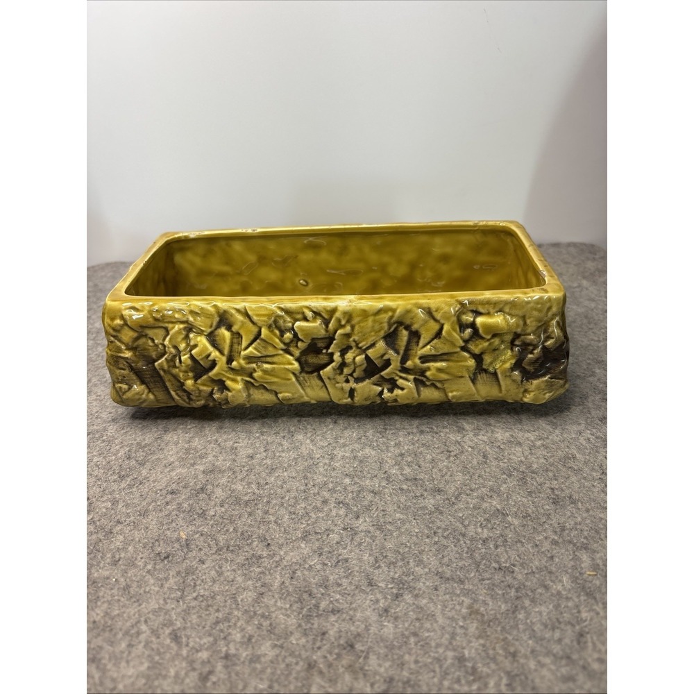 Vtg Inarco Japan Planter E-2462 Yellow Avocado Green Bark Leaf Mid Century MCM